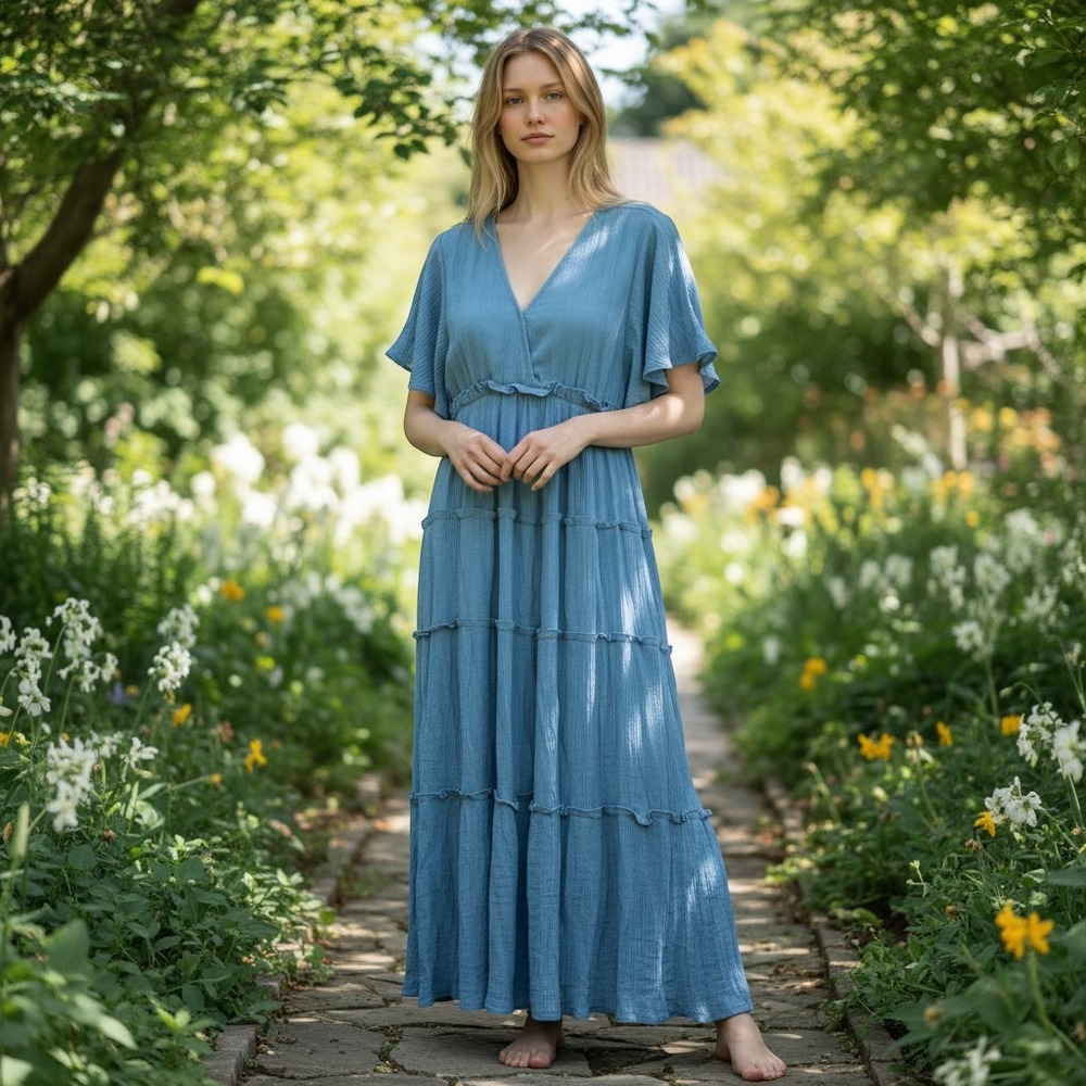 Umgee Maxi Dress Womens Small Blue Tiered V-Neck Flutter Sleeve Textured Boho